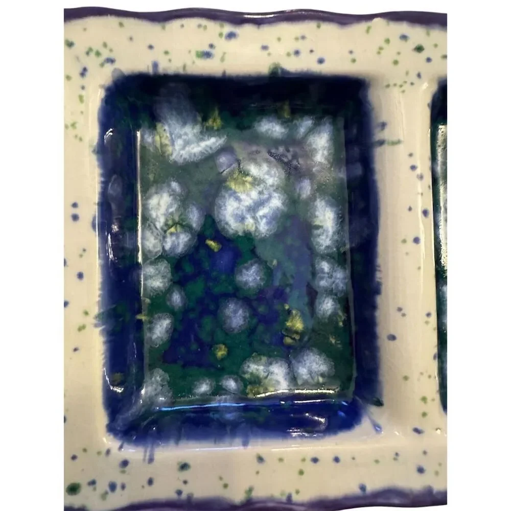 Handmade Artisan Speckled Blue Ceramic Dual-Section Serving Tray - Picture 2 of 6